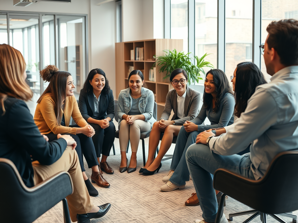 A group of eight employees are sitting in chairs in a circle for group therapy